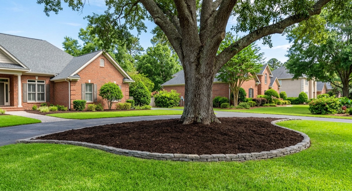 Professional dark brown mulch installation around oak tree with stone border in Lexington SC